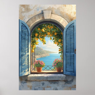 Póster Marco de ventana mediterránea vista Costa Limón Ba