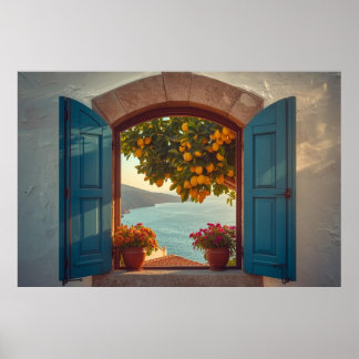 Póster Marco de ventana mediterránea vista Costa Limón Ba