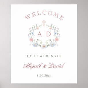 Póster Marco floral Boda religioso Monogramas Bienvenidos
