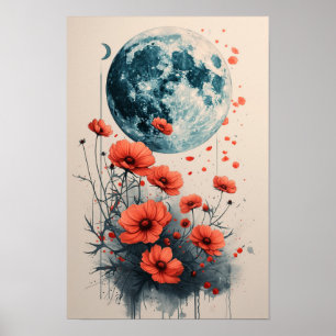 Póster Marco floral boho con luna azul: acuarela
