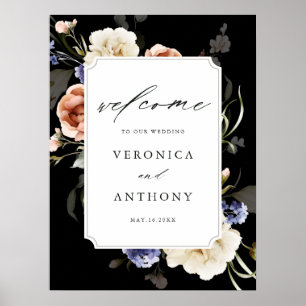 Póster Marco floral jardín elegante Boda bienvenida negro