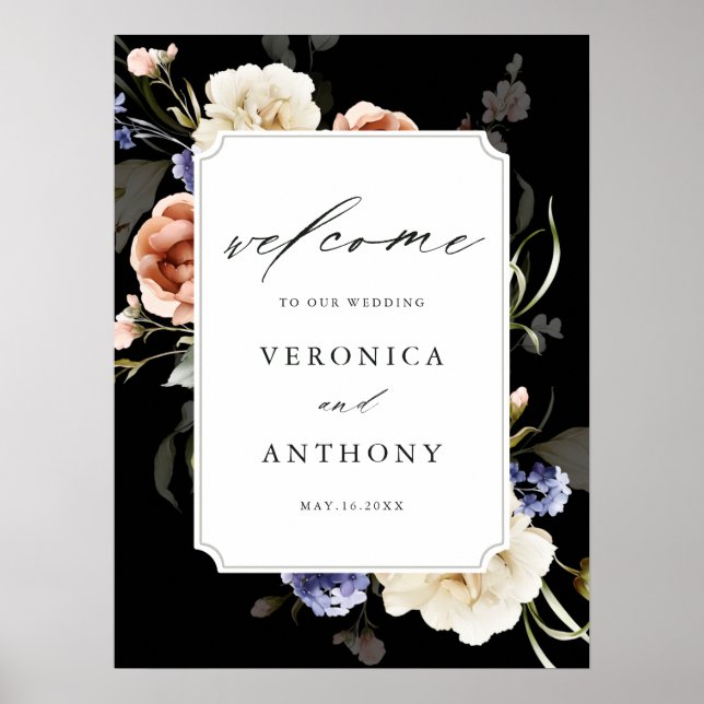Póster Marco floral jardín elegante Boda bienvenida negro (Frente)