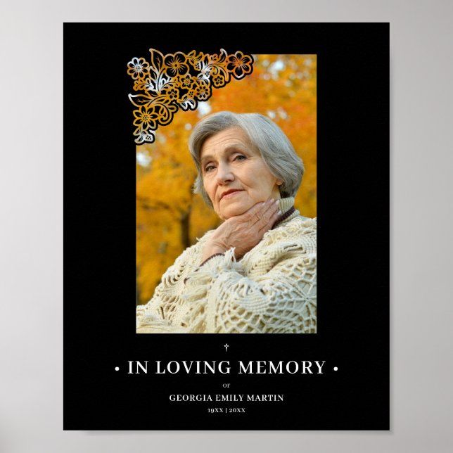 Póster Marco floral negro y elegante funeral fotográfico (Frente)