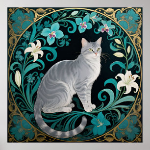 Póster Marco Floral Ornamentado de Gato Gris