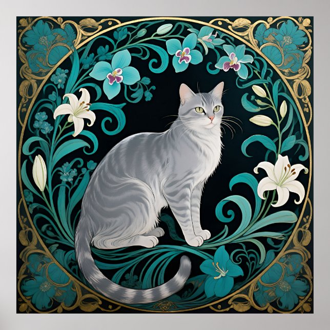 Póster Marco Floral Ornamentado de Gato Gris (Frente)