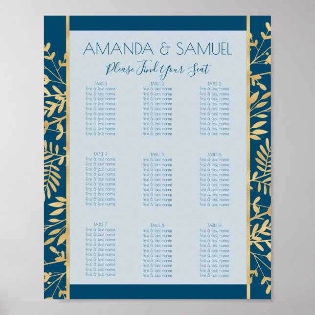 Póster Marco moderno azul y dorado (Frente)