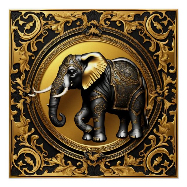 Póster Marco ornamental de oro elefante (Anverso)