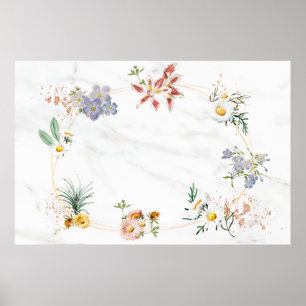 Póster Marco ovalado floral en blanco