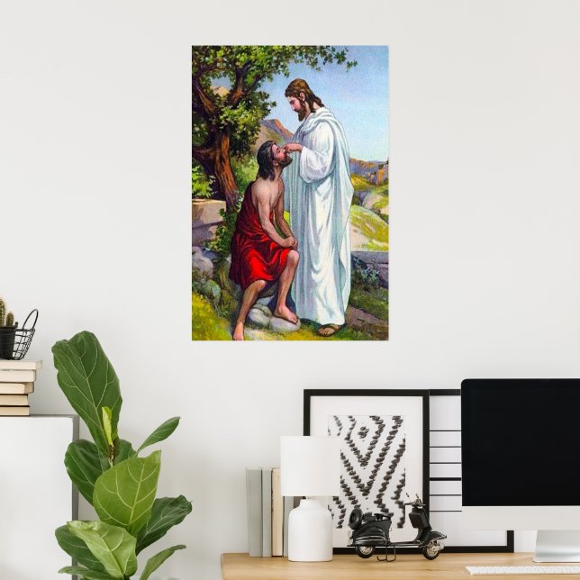 Póster Marcos 8:22-26 Jesús cura a un ciego (Oficina en casa)