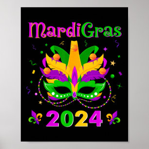 Póster Mardi Gras 2024 Mask Fleur De Lys Beads Nola Carni