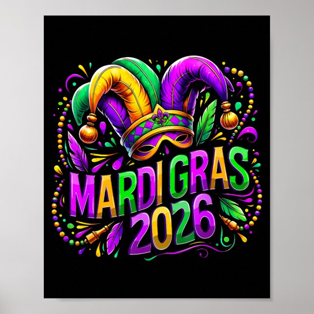 Póster Mardi Gras 2026 Jester Hat Carnival New Orleans Fl (Frente)