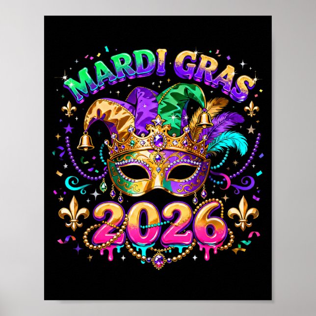 Póster Mardi Gras 2026 Squad Máscara de Carnaval Diseño d (Frente)