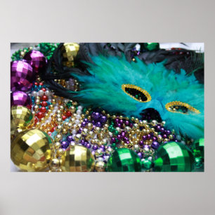 Póster Mardi Gras Beads & Green Mask Art Print