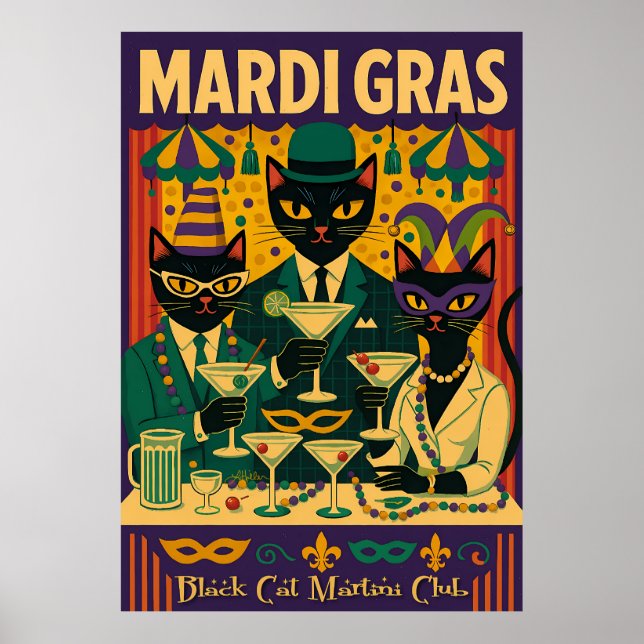 Póster Mardi Gras Black Cat Martini Club Trio (Frente)