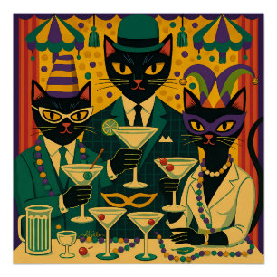 Póster Mardi Gras Black Cat Martini Club Trío