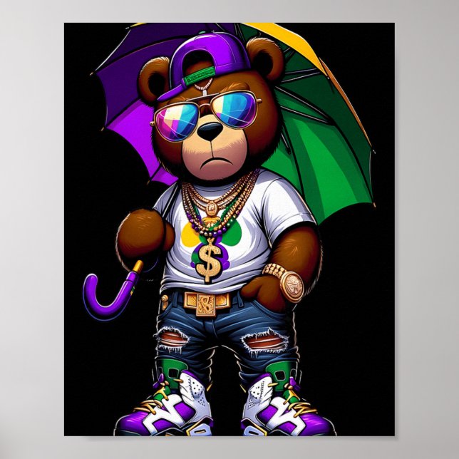 Póster Mardi Gras For Boys Mens Hip Hop Teddy Bear New Or (Frente)