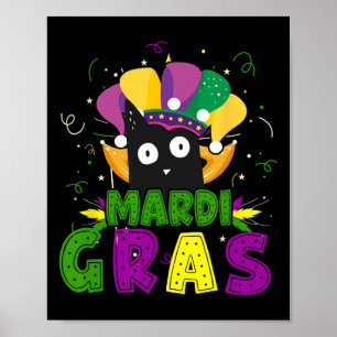 Póster Mardi Gras Gracioso Gato Negro Con Gato De Payaso 
