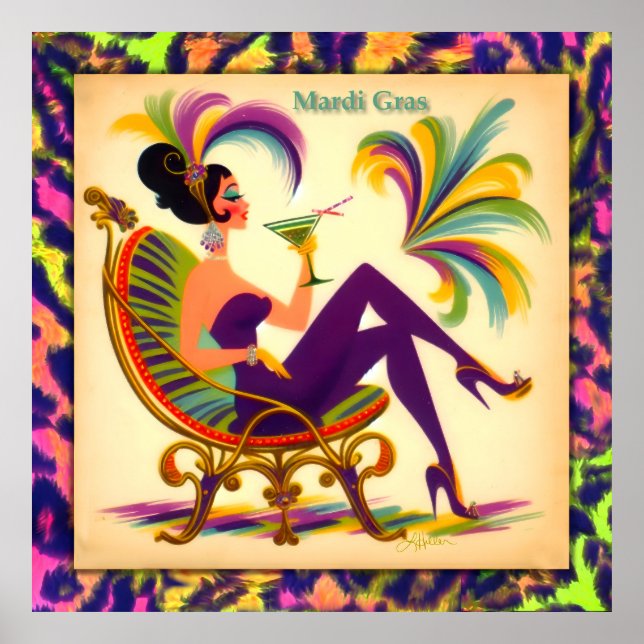 Póster Mardi Gras Martini futurista de mediados de siglo (Frente)