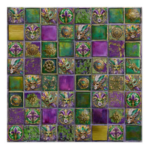 Póster Mardi Gras Máscaras Feathers Fleur de lis Tile Pri