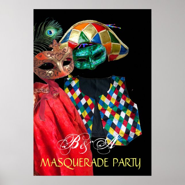 PÓSTER MARDI GRAS MASQUERADE, HARLEQUIN COSTUME MONOGRAM (Frente)