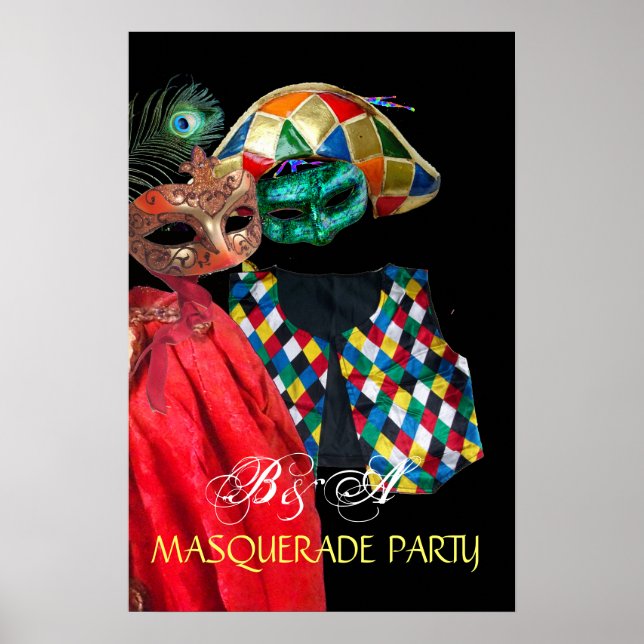 PÓSTER MARDI GRAS MASQUERADE, HARLEQUIN COSTUME MONOGRAM (Frente)