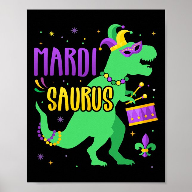 Póster Mardi Gras Saurus Dinosaur T-rex con Jester Joker (Frente)