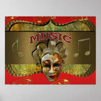 Póster Mardi Gras Sonriente Mask Metallic Music Notes