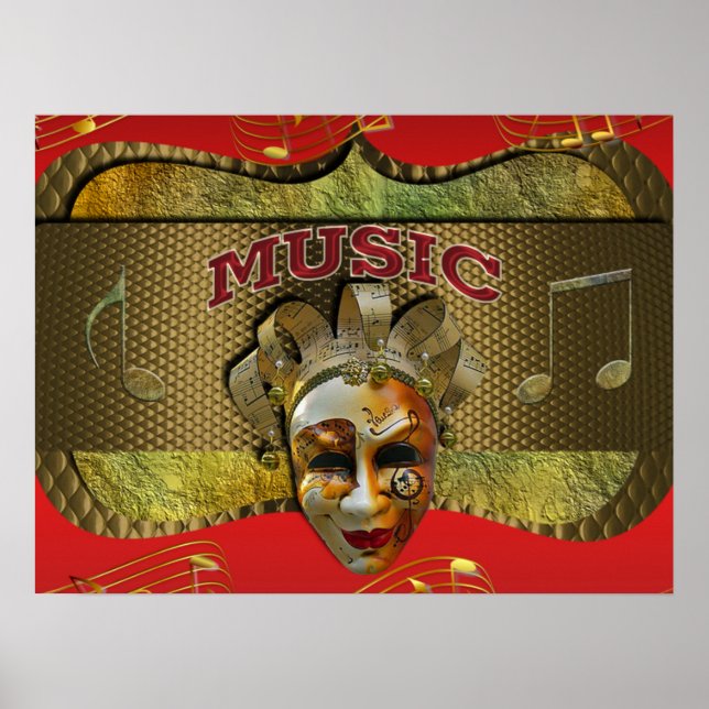 Póster Mardi Gras Sonriente Mask Metallic Music Notes (Frente)