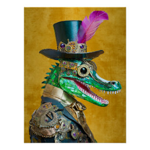 Póster Mardi Gras Steampunk Fiesta Animal Alligator