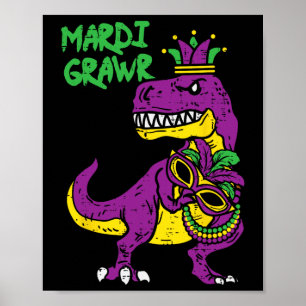Póster Mardi Grawr T-rex Dino Toddler Kids Mardi Gras Boy