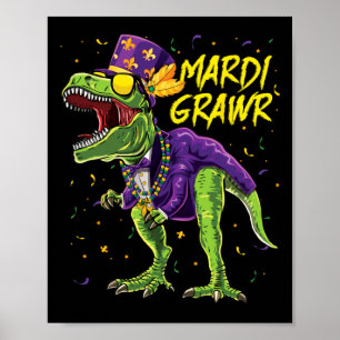Póster Mardi Grawr T-rex Dinosaur Dino Mardi Gras Kids Bo