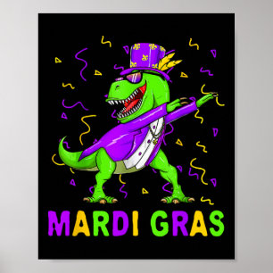 Póster Mardi Grawr T Rex Dinosaur Mardi Gras Bead Costume