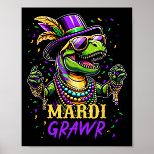 Póster Mardi Grawr T Rex Dinosaur Mardi Gras Bead Costume