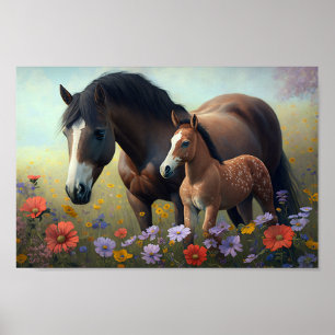 Póster Mare y Foal en un campo de flores