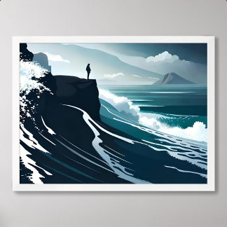 Póster marea de pintura de gran ola tormenta nocturna osc