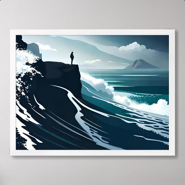 Póster marea de pintura de gran ola tormenta nocturna osc (sea painting big wave storm dark night cliff beach)