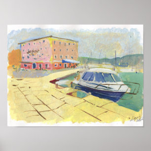 Póster marea marina con terraplén y barco