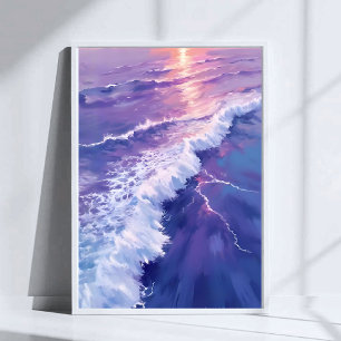Póster Marea Púrpura   Pintura de Acuarela de Olas del Oc