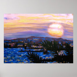 Póster Mares cálidos Palm Fronds & Hills Sunset