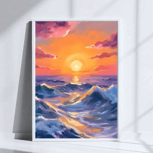 Póster Mares Rocosos Olas Oceánicas Pintura Acuarela Mar