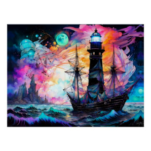 Póster Mares tormentosos, faro de barco, resumen de la lu