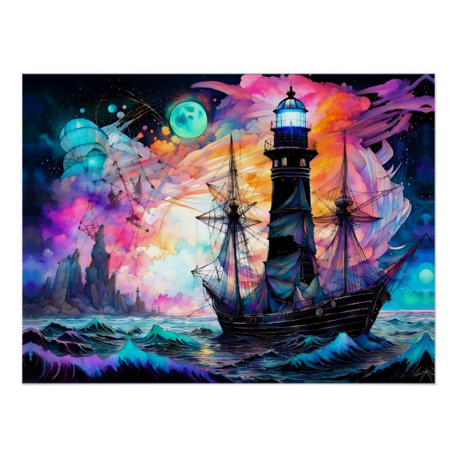 Póster Mares tormentosos, faro de barco, resumen de la lu (Anverso)