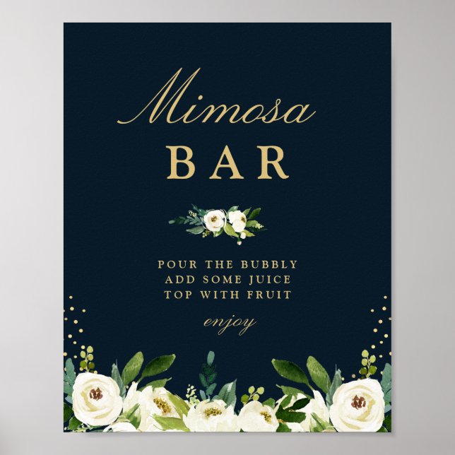 Póster marfil blanco floral ducha de novia mimosa bar sig (Frente)