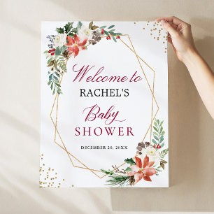 Póster Marfil Red Poinsettia Gold Frame Baby Shower Rótul
