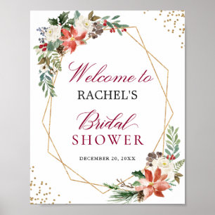 Póster Marfil Red Poinsettia Gold Frame Bridal Shower Rót