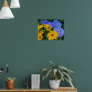 Póster Margarita de Ojos Negros y Hortensia Azul Floral