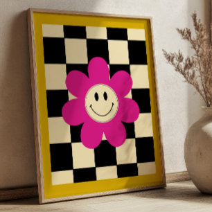 Póster Margarita sonriente rosa sobre un estampado retro 