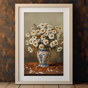 Póster Margaritas Blancas En Un Jarrón Oriental Pintado C