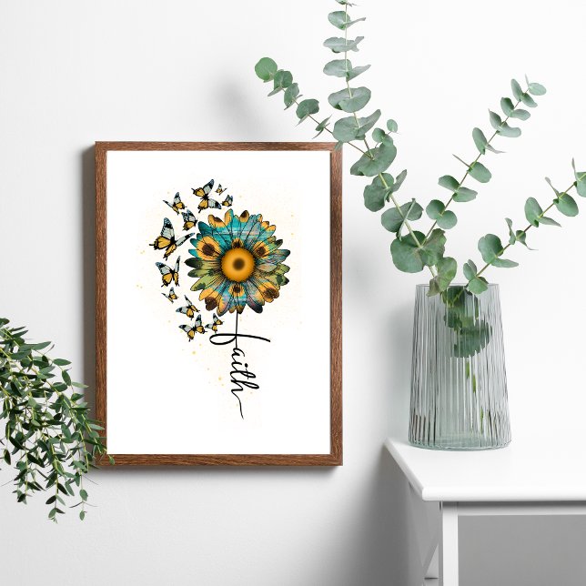 Póster Margaritas Mariposas Cristianas Religiosas Fe (Faith butterflies Sunflowers Wall Art. Digital and Printed. )