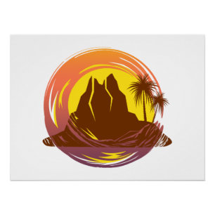 Póster Margen con el paisaje volcánico tropical y palmera